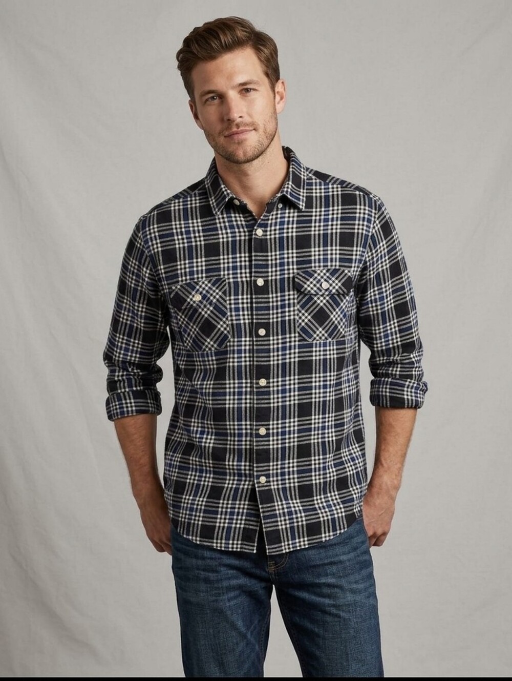 Chaps Denim Plaid Button Up Shirt Sz L